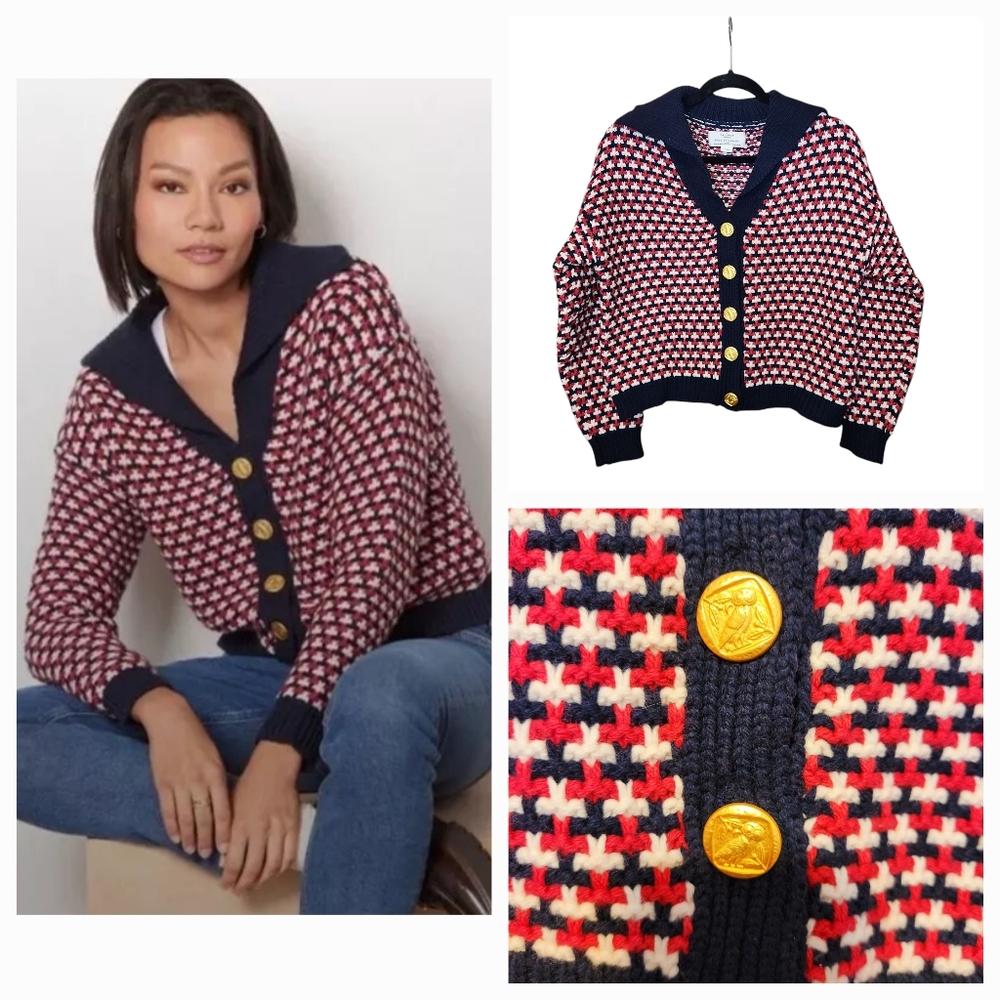 TROVATA Birds of Paradis Sz S Blue Red Savannah Cardigan Sweater MSRP $368 Wool